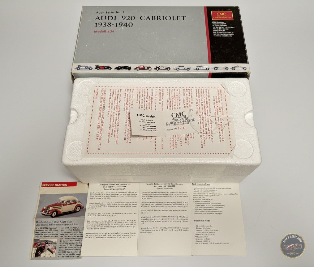 CMC M-032 — Audi 920 Cabriolet 1938-1940, packaging box, alternate angle, 1:18 scale diecast model