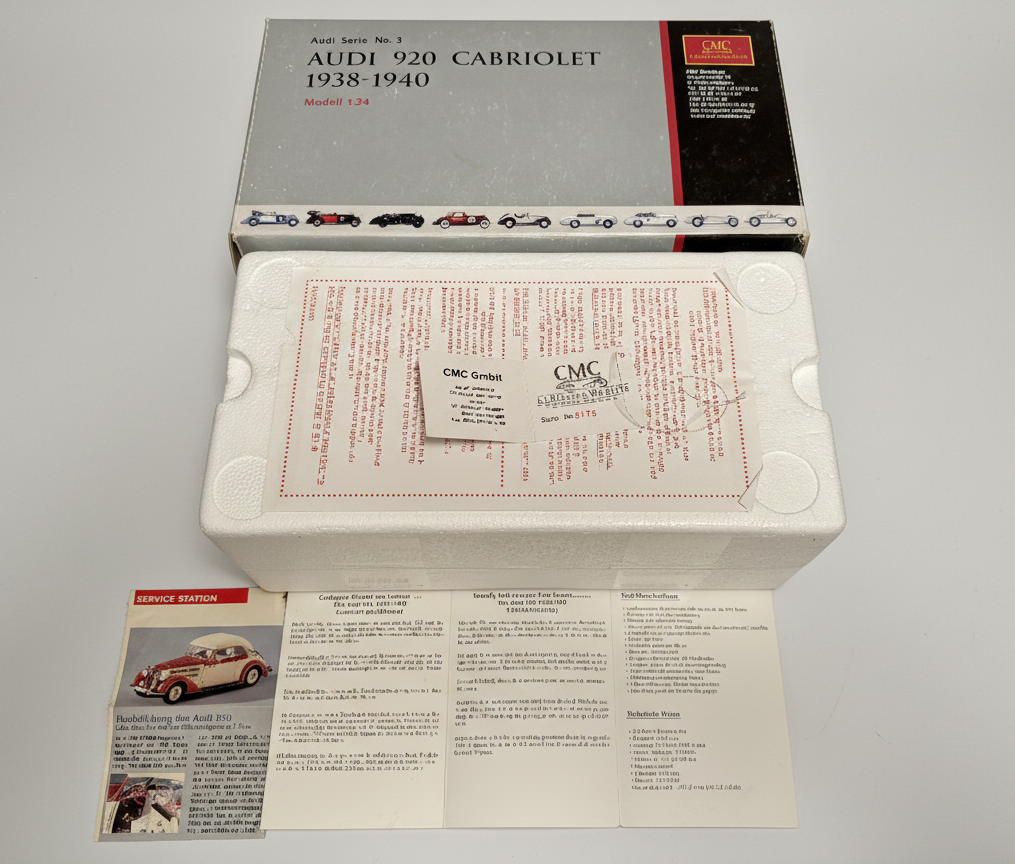 CMC M-032 — Audi 920 Cabriolet 1938-1940, packaging box, alternate angle, 1:18 scale diecast model