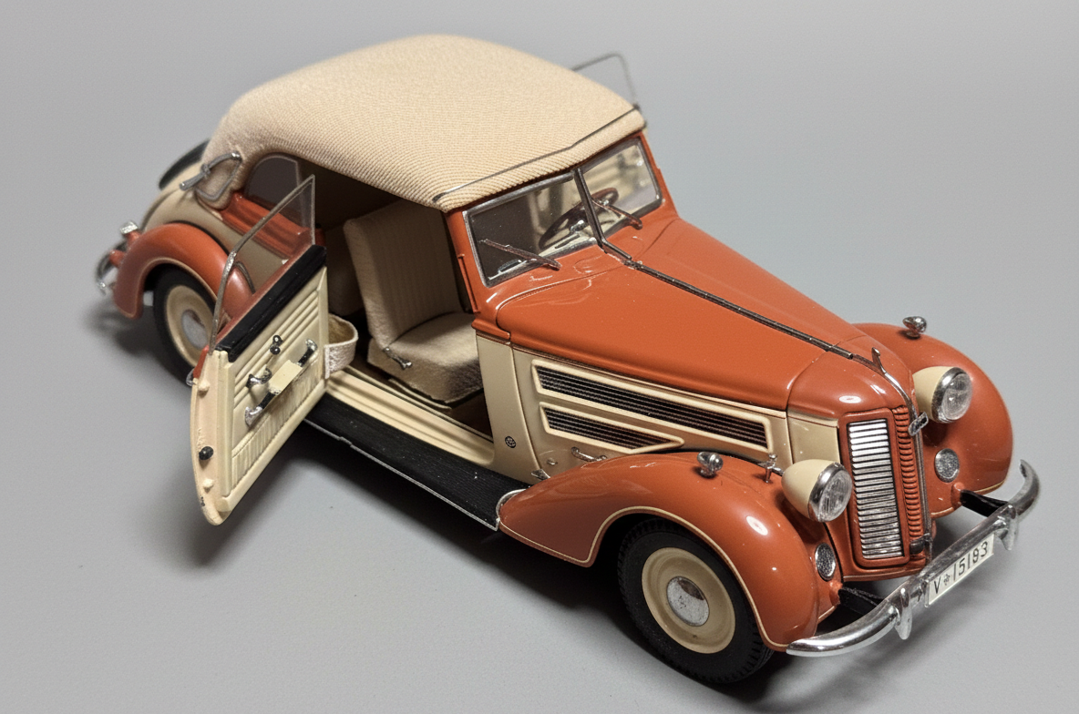 CMC M-032 — Audi 920 Cabriolet 1938-1940, front three-quarter view, left side, alternate angle, 1:18 scale diecast model