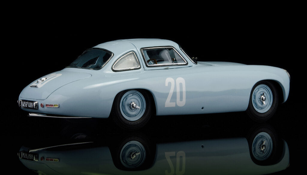 CMC M-159 — Mercedes-Benz 300 SL (W194) 1952, Hermann Lang #20, GP of Bern, front three-quarter view, alternate angle 3, 1:18 scale diecast model