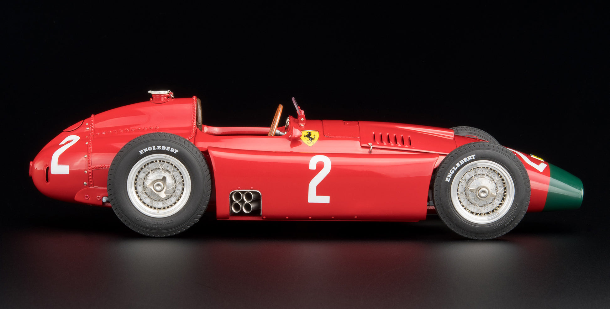 CMC M-185 — Ferrari D50 1956, Peter Collins #2, German GP Winner (Long Nose), left side profile, alternate angle, 1:18 scale diecast model